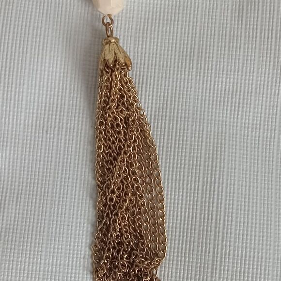 Express Gold Toned & White Alternating Beaded Tassel Pendant Statement Necklace - Picture 4 of 12